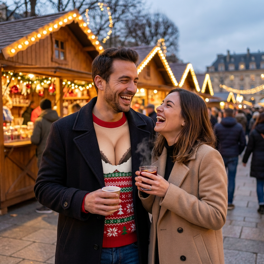 Un couple au marché de Noël, lui en pull Décolleté