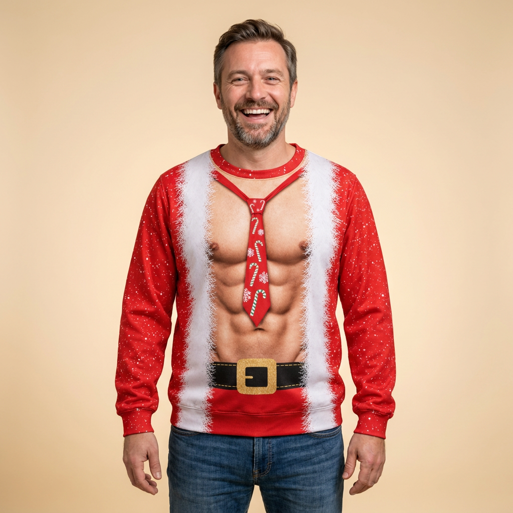 Le pull Père Velu Musclé porté, tout sourire