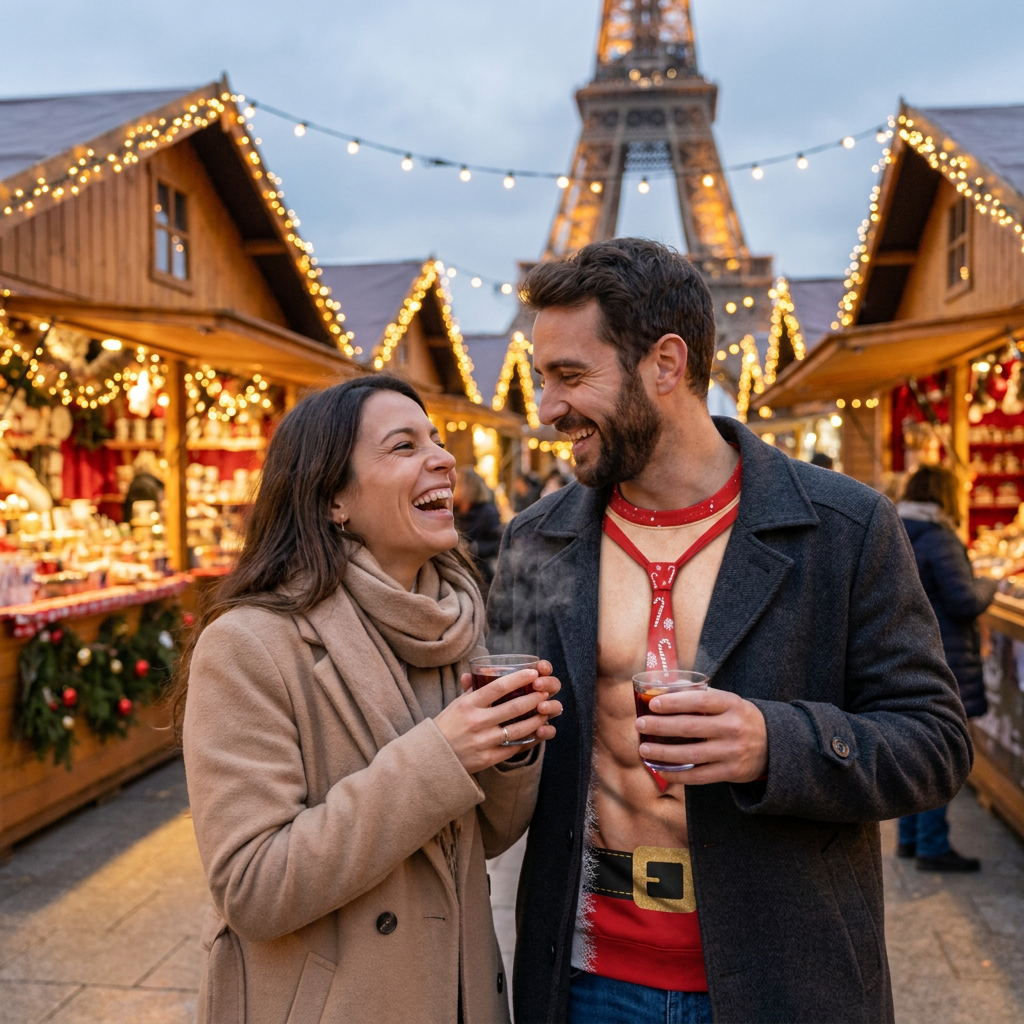 Un couple au marché de Noël, lui en pull Musclé