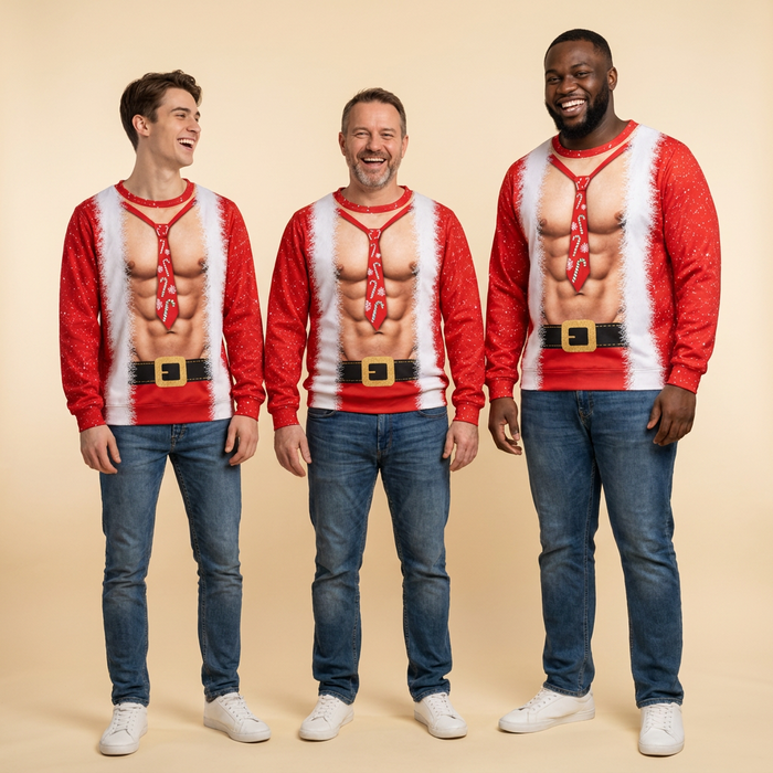 Le pull Père Velu Musclé sur trois gabarits